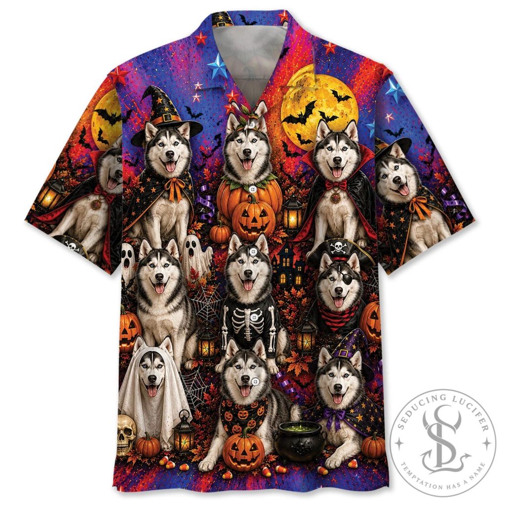 Funny Halloween Siberian Husky Dog Colorful Hawaiian Shirt Funny Halloween Siberian Husky Dog Colorful Hawaiian Shirt