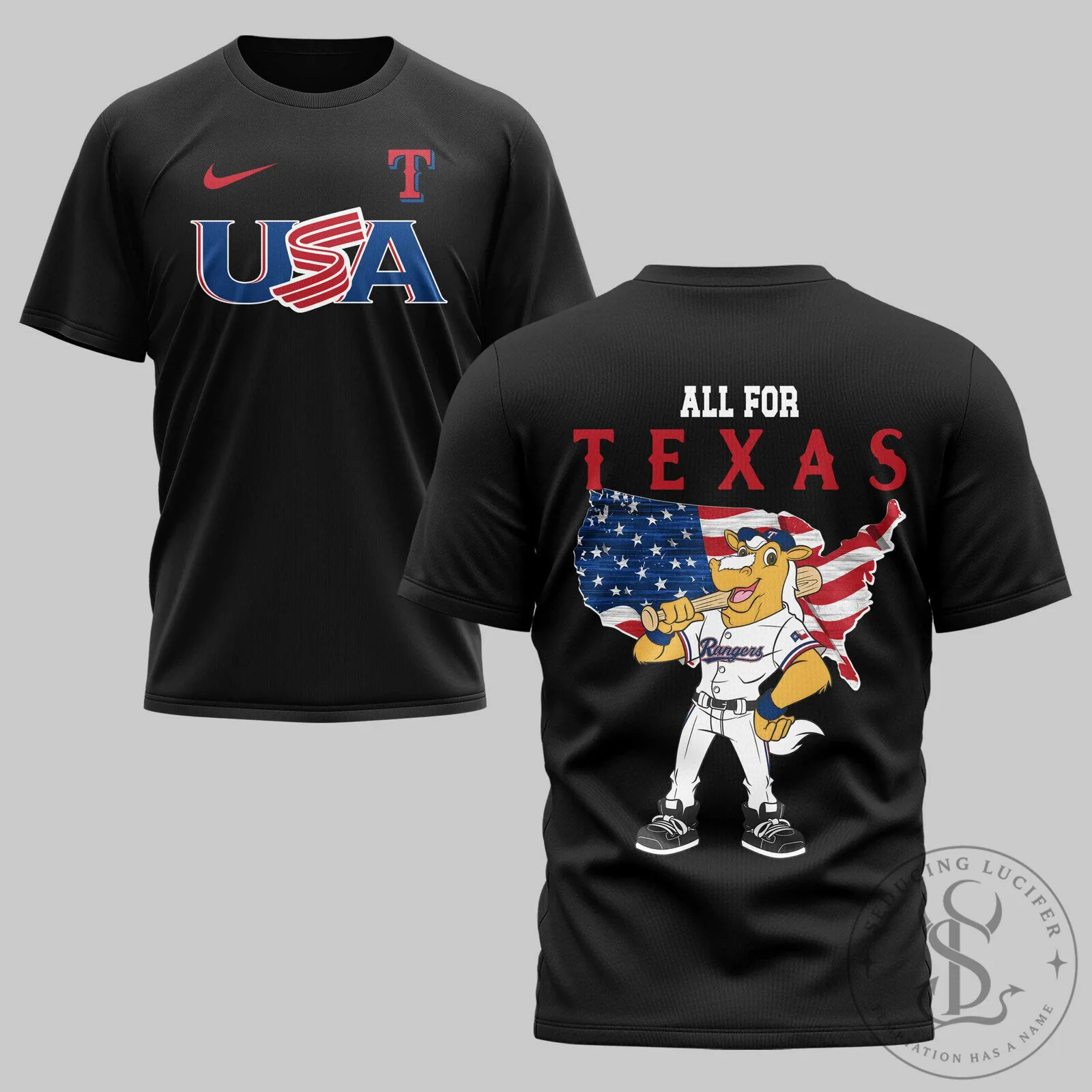 Texas Rangers Baseball Mascot USA Flag All For Texas T-Shirt 5 Texas Rangers Baseball Mascot USA Flag All For Texas T-Shirt