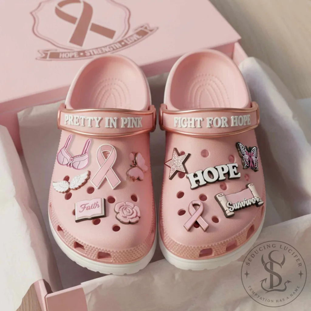 Pink Breast Cancer Awareness Ribbon Hope Strength Love Crocs Clogs Shoes Pink Breast Cancer Awareness Ribbon Hope Strength Love Crocs Clogs Shoes