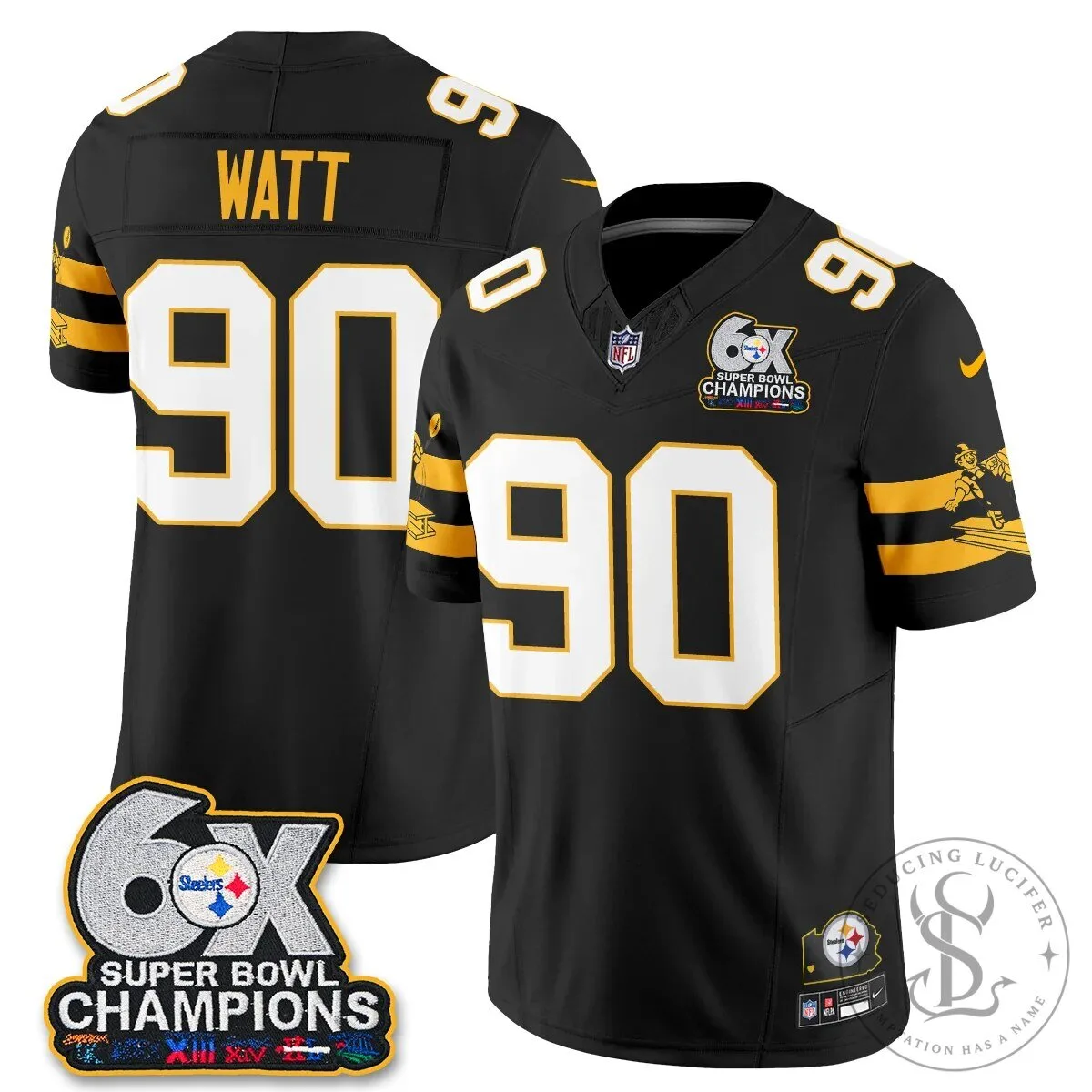 Pittsburgh Steelers TJ Watt 90 Six-Time Super Bowl Champions Football Jersey 50 Pittsburgh Steelers TJ Watt 90 Six-Time Super Bowl Champions Football Jersey