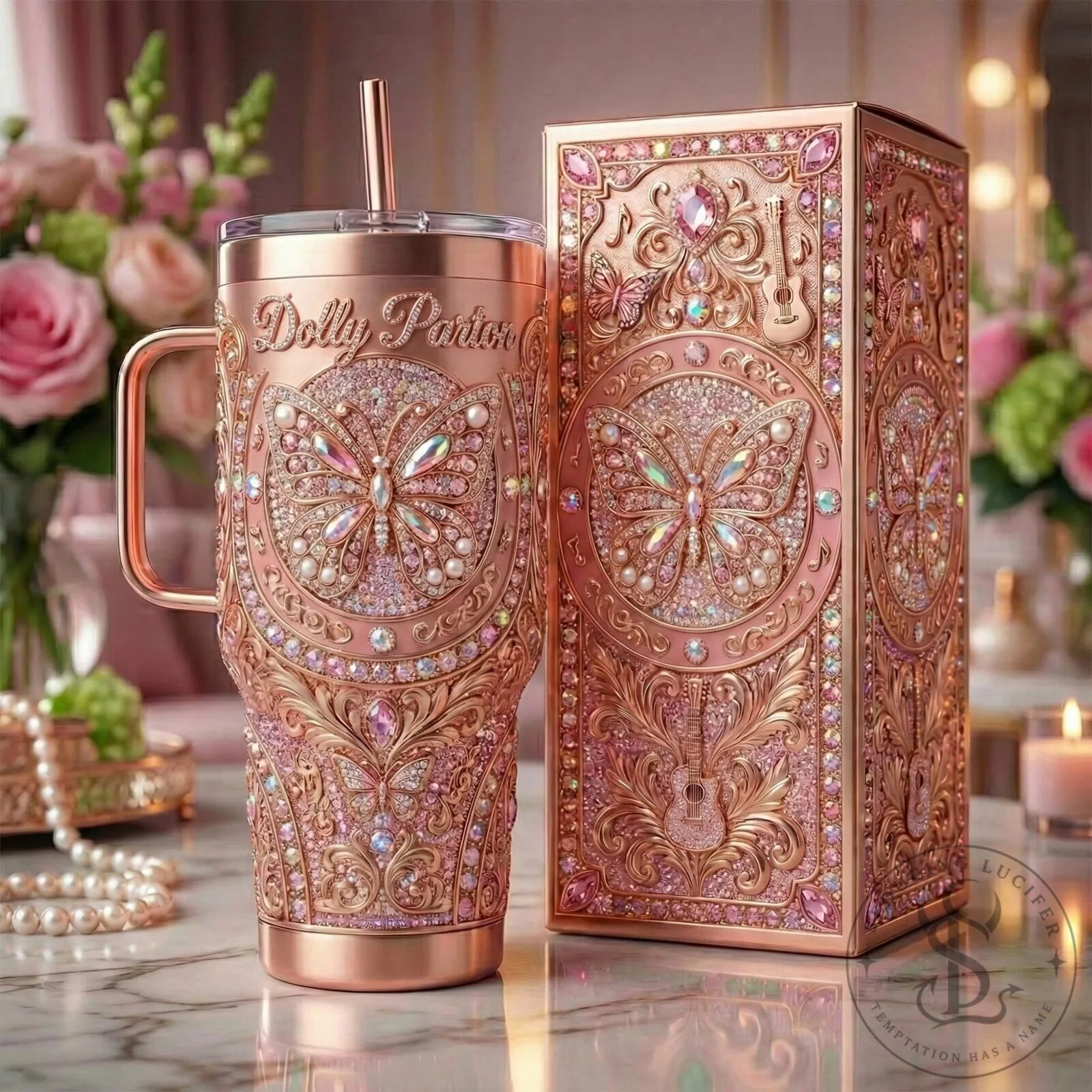 Dolly Parton Butterfly Pink Rhinestone Pearl Embellished Tumbler with Handle