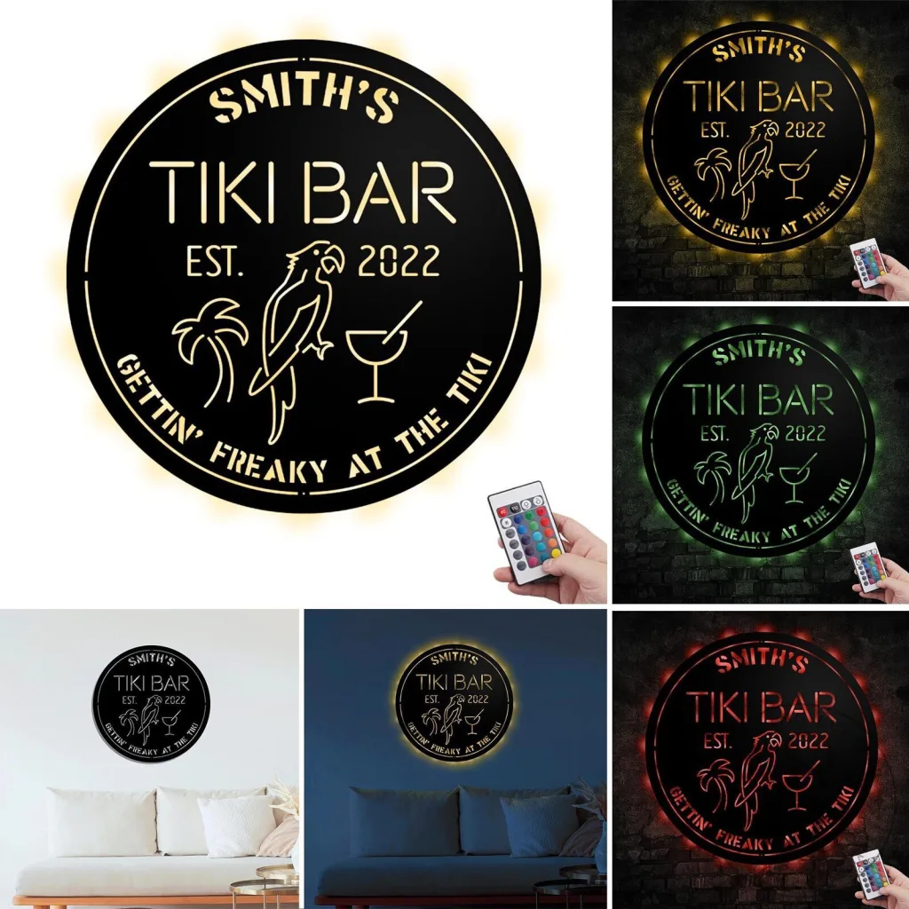 Personalized Tiki Bar LED Metal Sign with Remote Control, Custom Tropical Decor Personalized Tiki Bar LED Metal Sign with Remote Control, Custom Tropical Decor