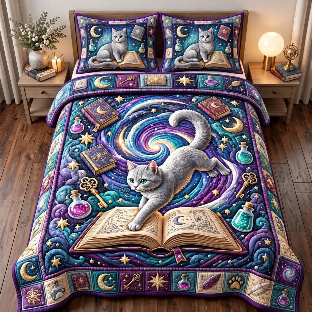 Magical Cat Reading Book Celestial Quilted Bedding Set with Pillow Shams Magical Cat Reading Book Celestial Quilted Bedding Set with Pillow Shams