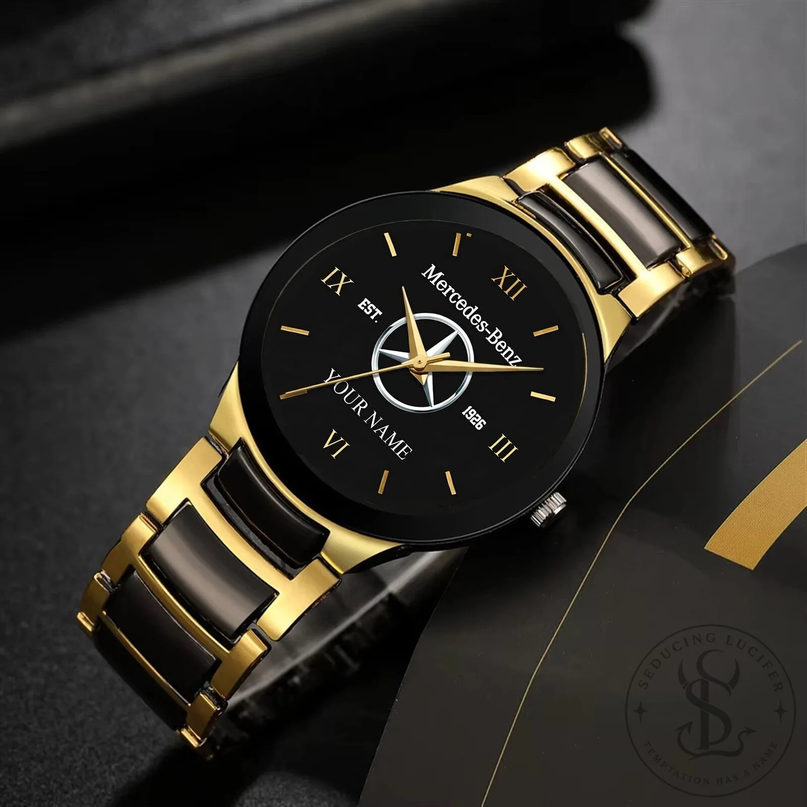 Mercedes-Benz Est 1926 Custom Name Gold and Black Quartz Watch 4 Mercedes-Benz Est 1926 Custom Name Gold and Black Quartz Watch