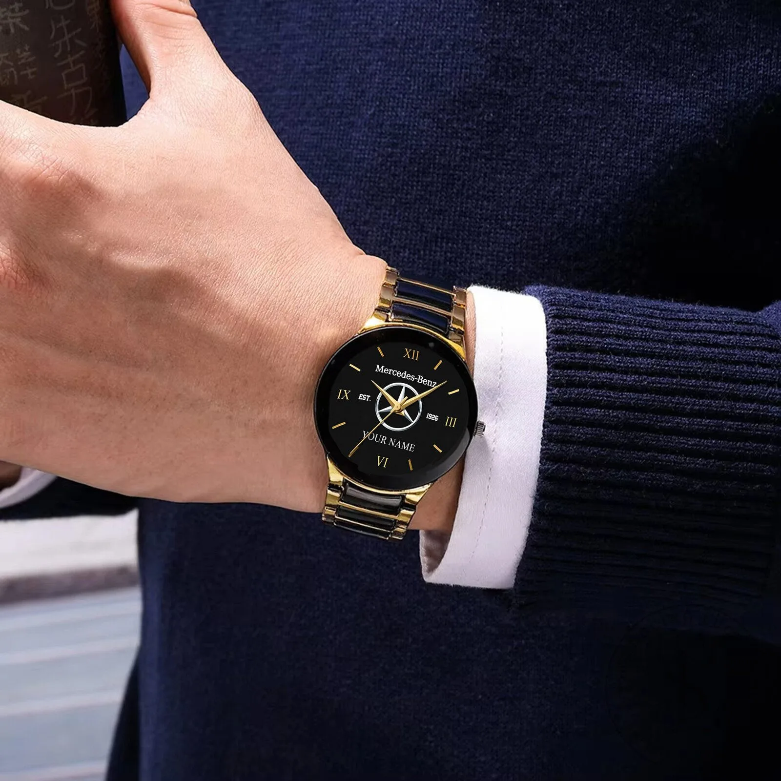 Mercedes-Benz Est 1926 Custom Name Gold and Black Quartz Watch 5 Mercedes-Benz Est 1926 Custom Name Gold and Black Quartz Watch
