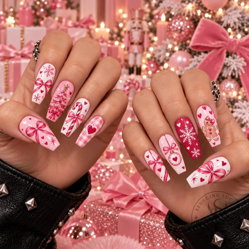 Pink Coquette Christmas Bow Gingerbread Snowflake Press-On Nails Set Pink Coquette Christmas Bow Gingerbread Snowflake Press-On Nails Set