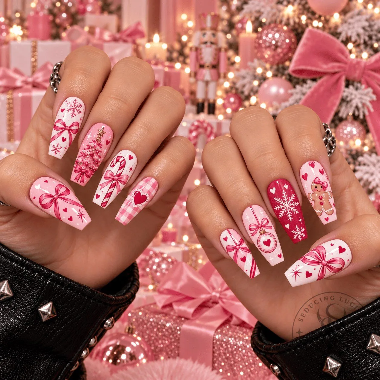 Pink Coquette Christmas Bow Gingerbread Snowflake Press-On Nails Set 3 Pink Coquette Christmas Bow Gingerbread Snowflake Press-On Nails Set