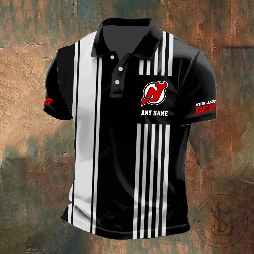 Black and White Striped Polo Shirt with Personalized Name for New Jersey Devils Fans