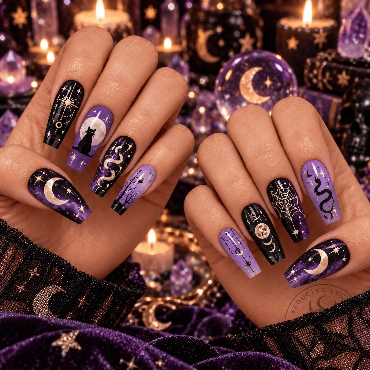 Witchy Black Cat Halloween Press-On Nails Set with Moon and Snake Designs