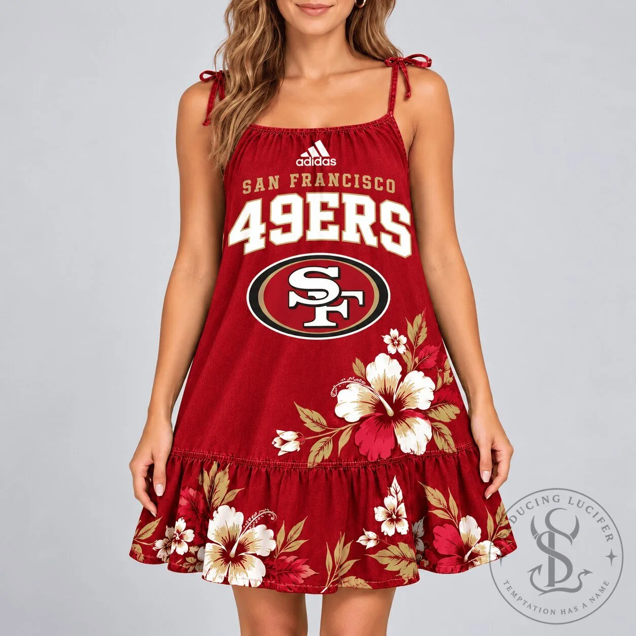 San Francisco 49ers Hibiscus Floral Ruffle Strap Dress for Women