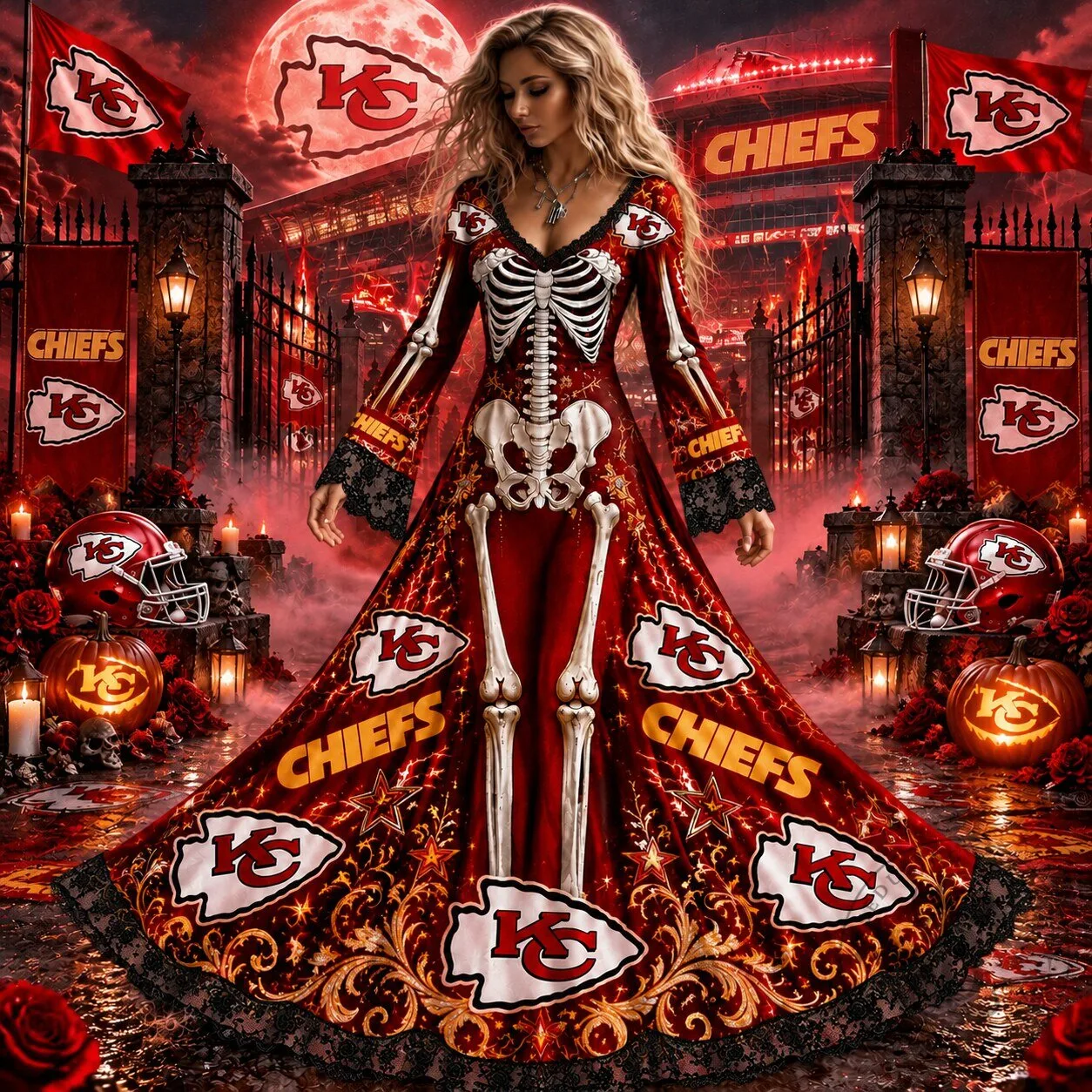 Kansas City Chiefs Halloween Skeleton Red Dress for Women