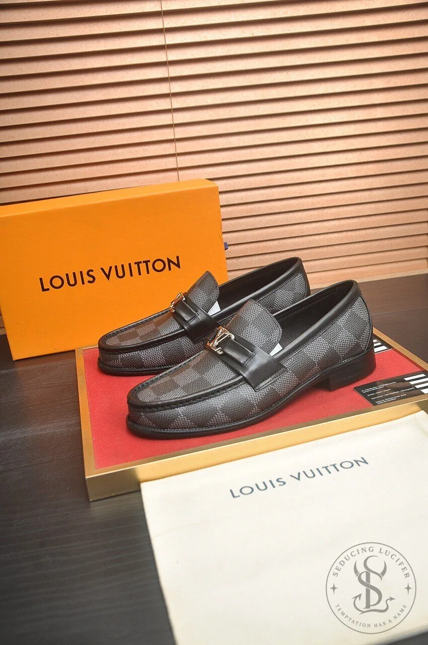 Louis Vuitton Damier Ebene Loafer Shoes for Men with Gold Buckle Detail